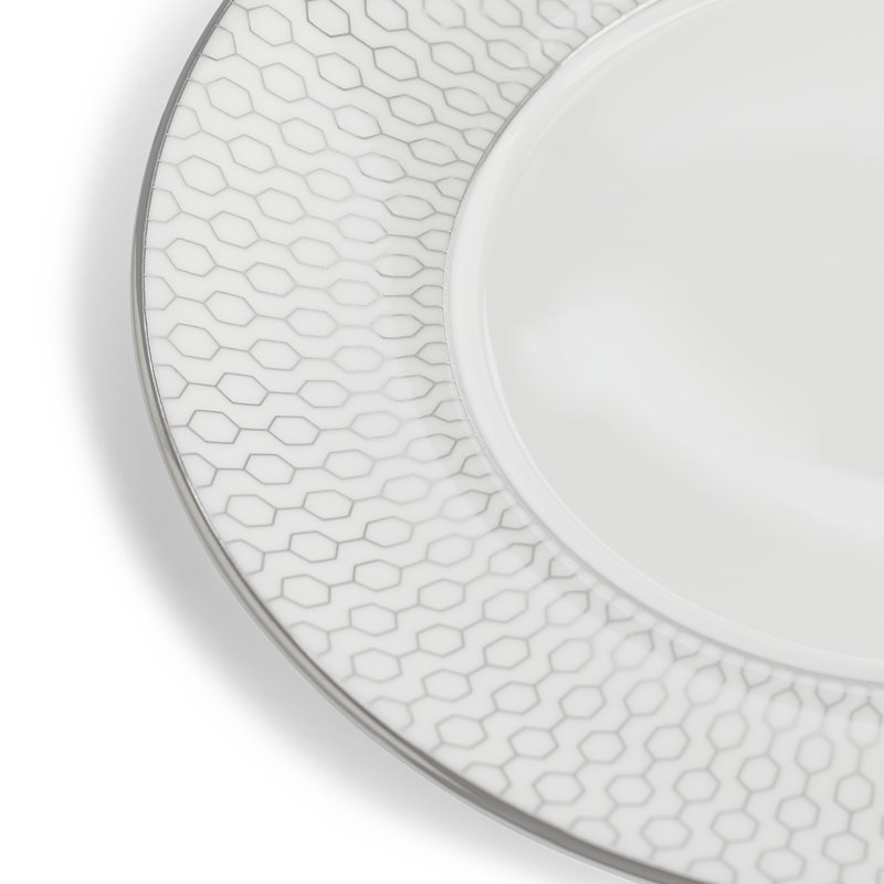 White Geometric Platinum Teacup and Saucer Set