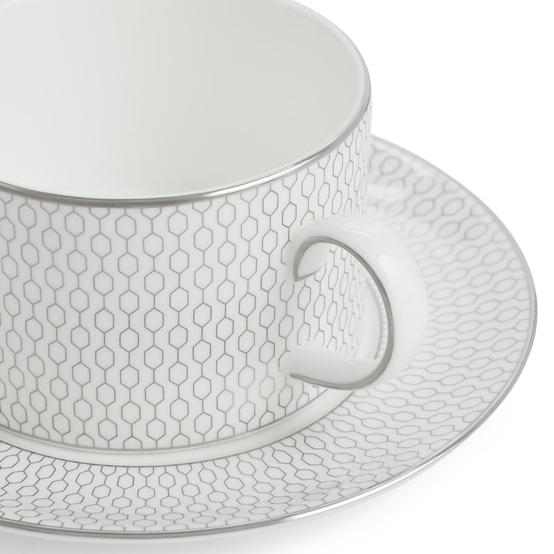 White Geometric Platinum Teacup and Saucer Set