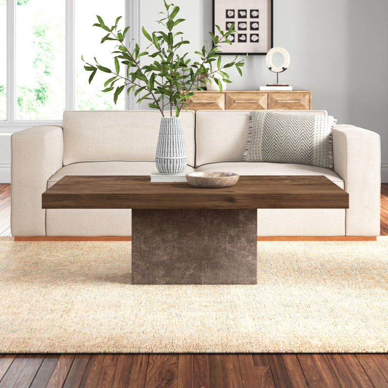 Rectangular Dark Brown Oak Coffee Table with Concrete Base
