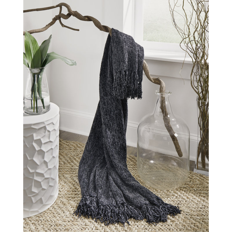 Ashley Tamish Cozy Knotted Fringe Black Polyester Throw, 50" x 60"