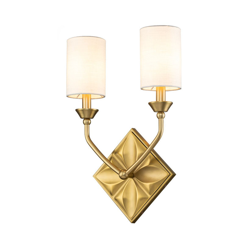 Aged Brass Dual Light Sconce with White Fabric Shades