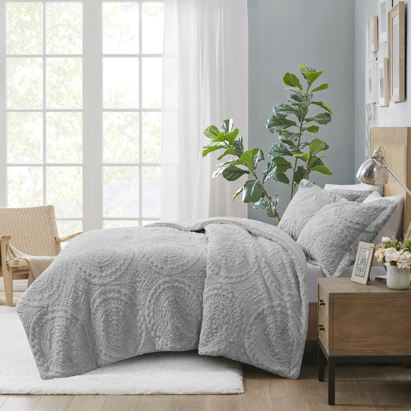 Gray Full Faux Fur Reversible Bedspread Set