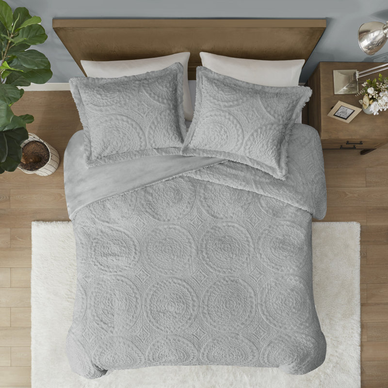 Gray Full Faux Fur Reversible Bedspread Set