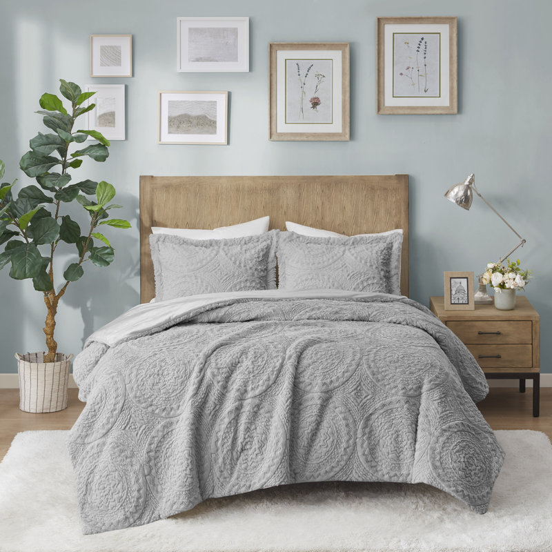 Gray Full Faux Fur Reversible Bedspread Set