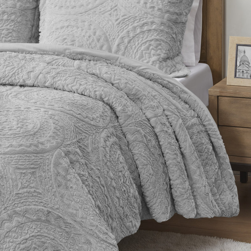 Gray Full Faux Fur Reversible Bedspread Set
