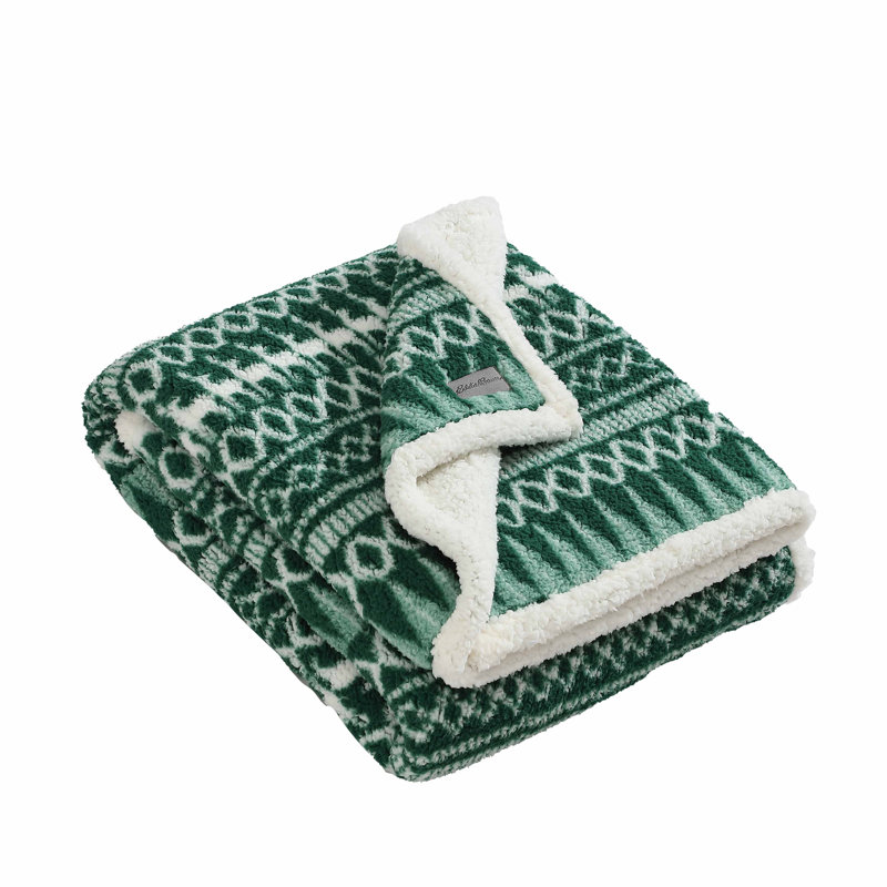 Green and White Reversible Sherpa Fleece Throw Blanket