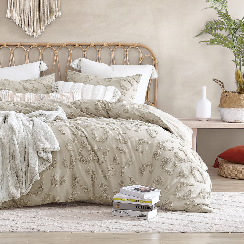 King Beige Cotton Chenille Leopard Print Comforter Set