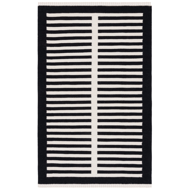 Black and Ivory Flat Woven Wool Cotton Striped Rug