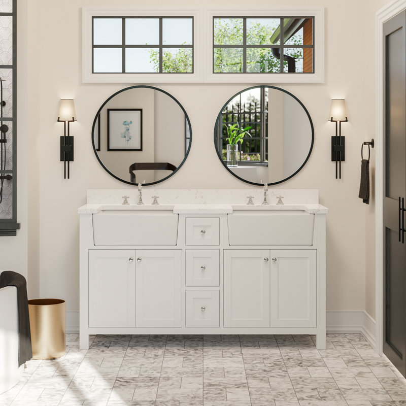 Yorkshire 60'' White Double Farmhouse Bathroom Vanity with Engineered Marble Top