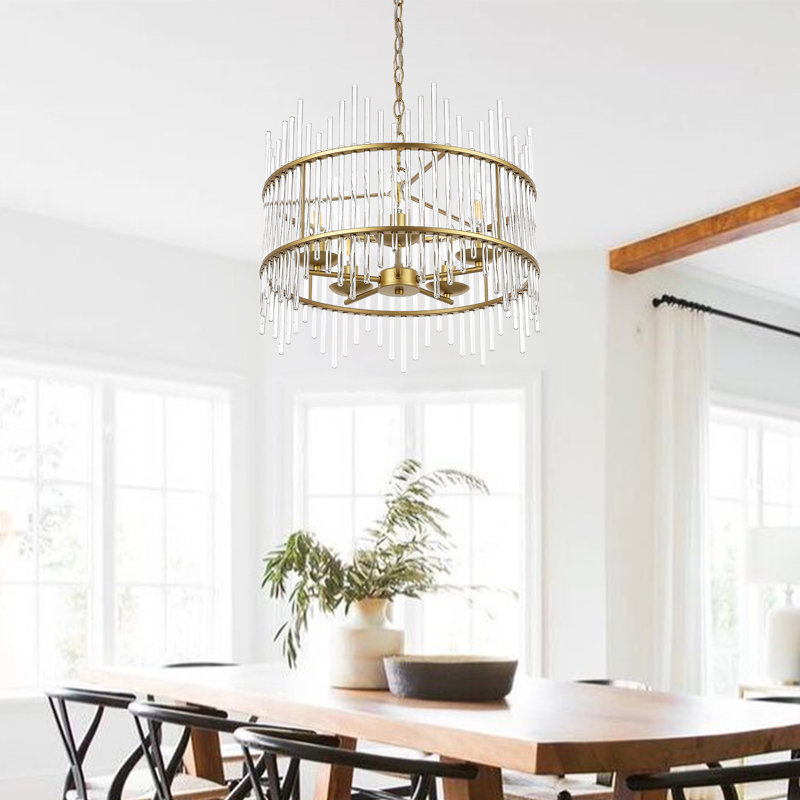Gold and Crystal 5-Light Drum Chandelier with Glass Rods