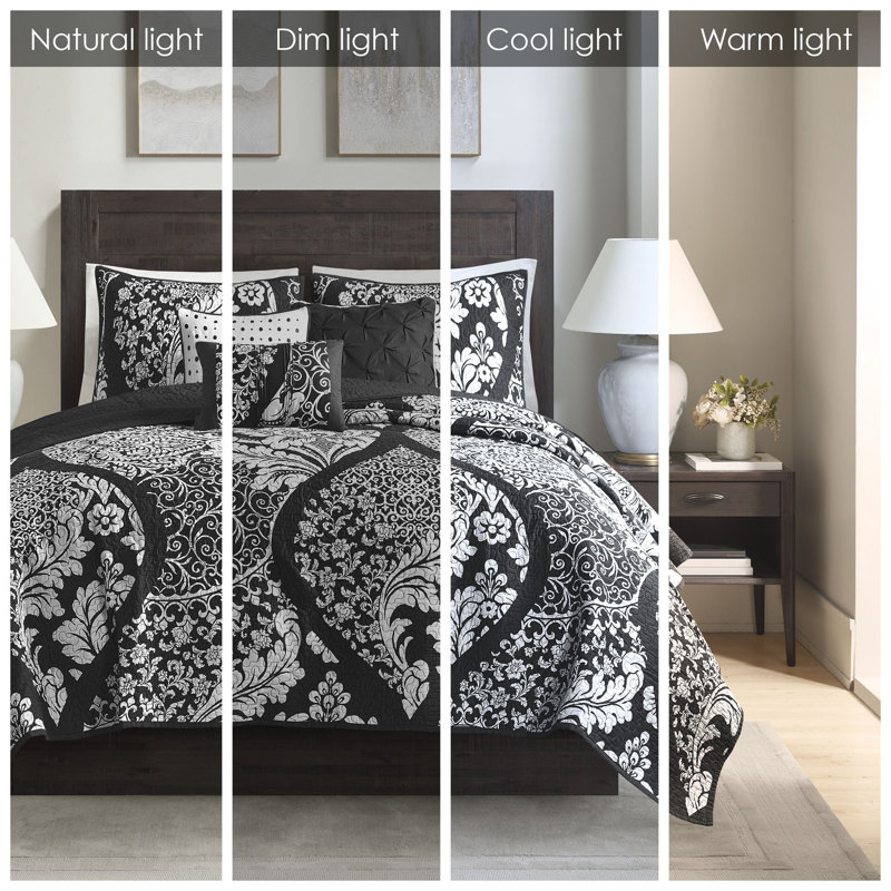 King Black Cotton Reversible Quilt Set with Decorative Pillows