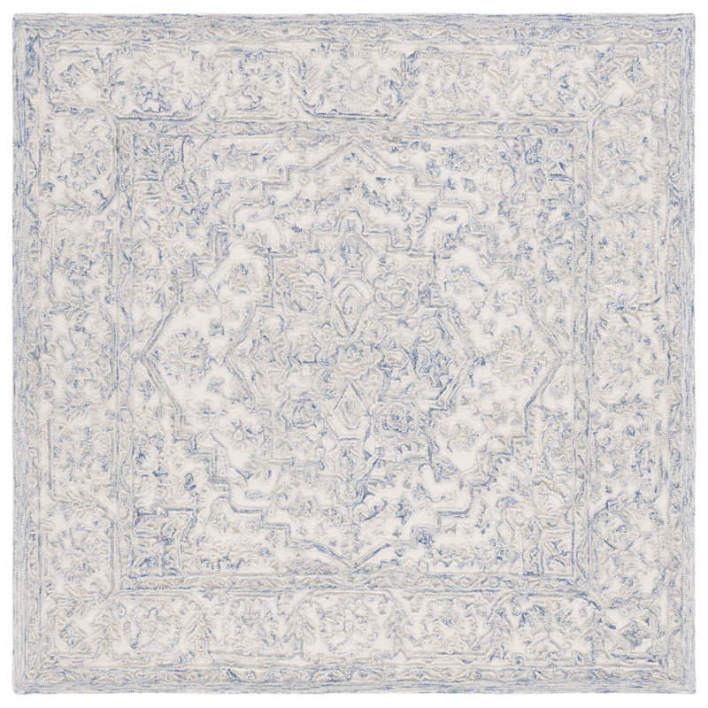 Ivory and Blue Hand Tufted Wool Square Area Rug