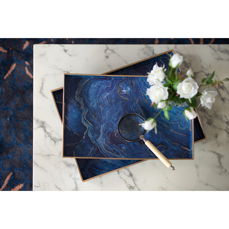 Blue and Gold Rectangular Plastic Serving Trays, Set of 2