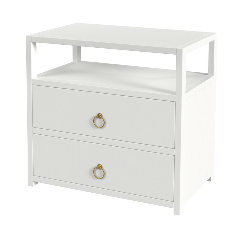White Acacia 2-Drawer Nightstand with Brass Ring Pulls