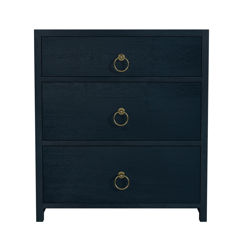 Navy Blue Acacia Wood 3-Drawer Nightstand with Gold Hardware