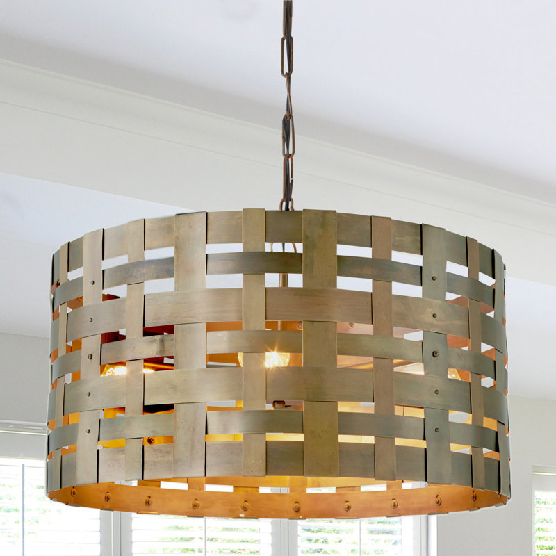 Patinaed Brass 4-Light Basketweave Drum Pendant
