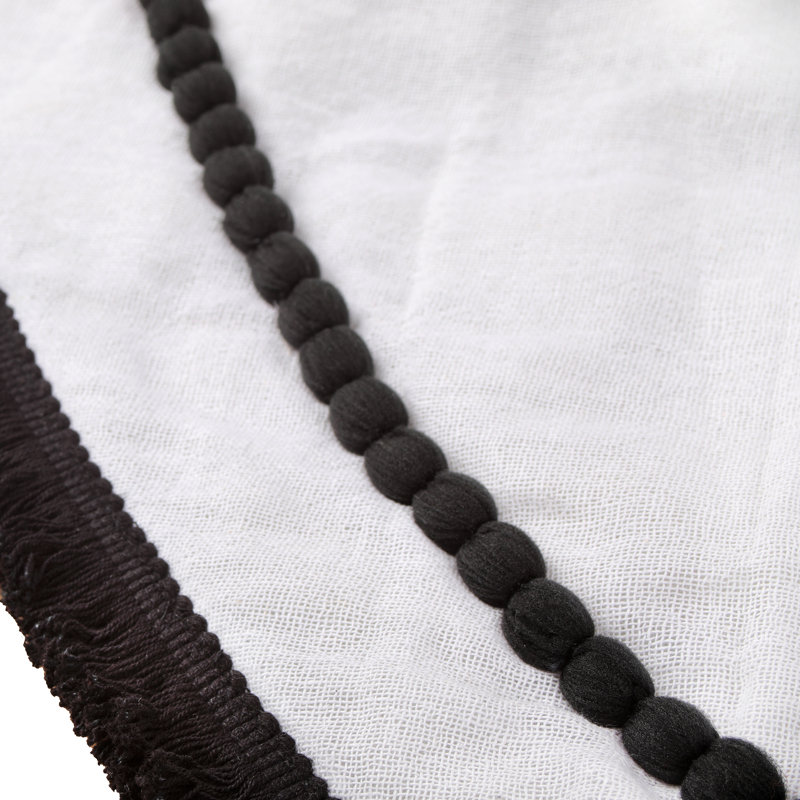 White and Black Cotton Polyester Christmas Tree Skirt with Fringe and Pom Poms