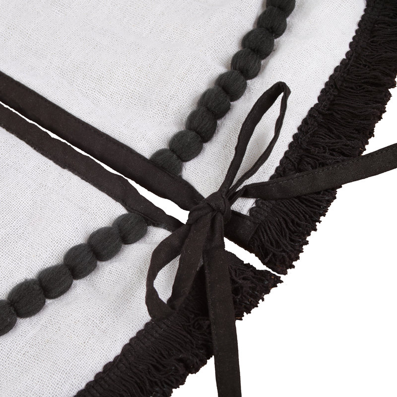 White and Black Cotton Polyester Christmas Tree Skirt with Fringe and Pom Poms