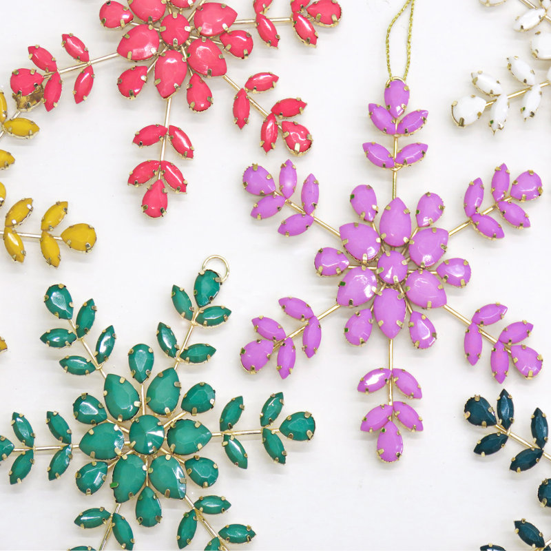 6-Piece Multicolor Beaded Snowflake Ornament Set with Gold Wire Frame
