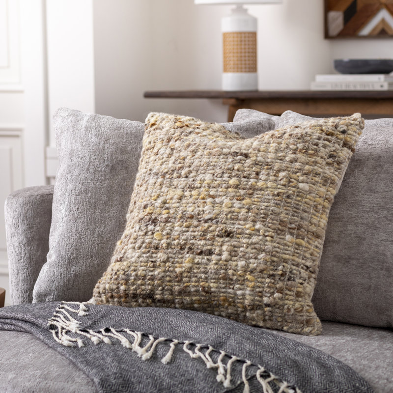 Beige and Brown 22" Square Cotton Wool Throw Pillow