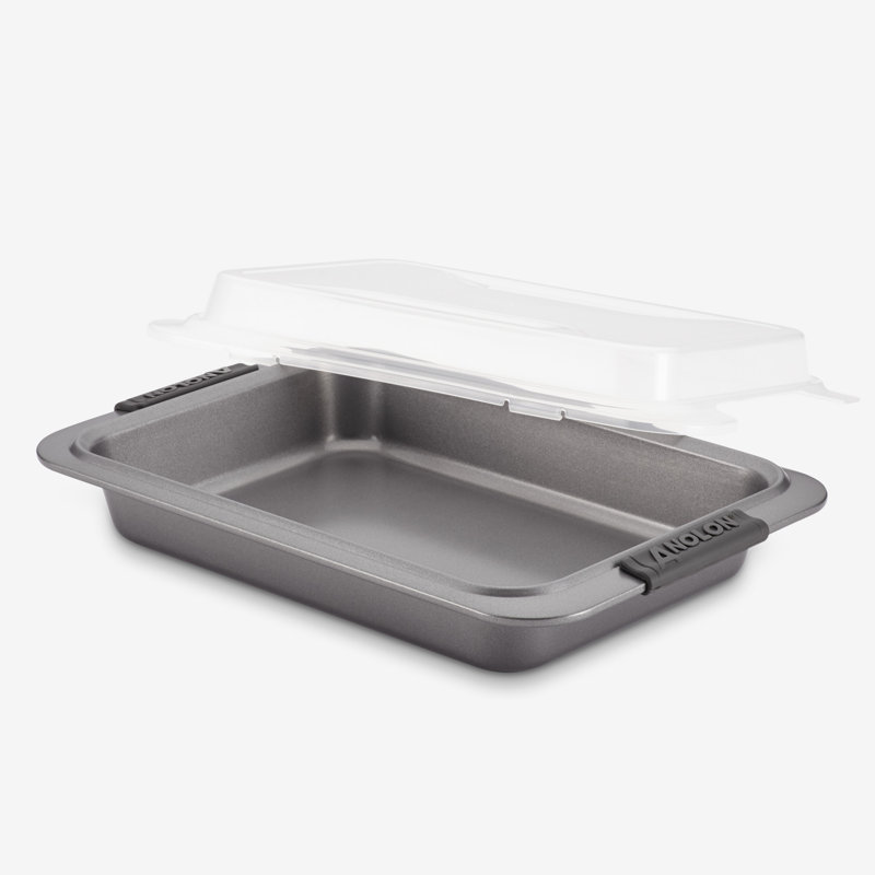 Gray Nonstick Rectangular Cake Pan with Silicone Grips and Lid