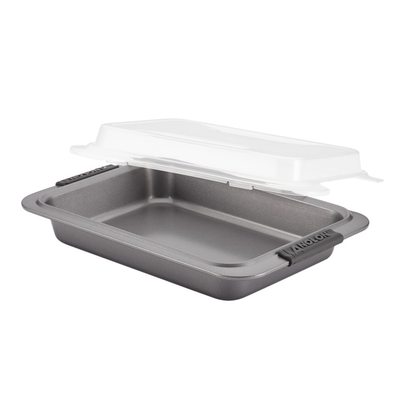 Gray Nonstick Rectangular Cake Pan with Silicone Grips and Lid