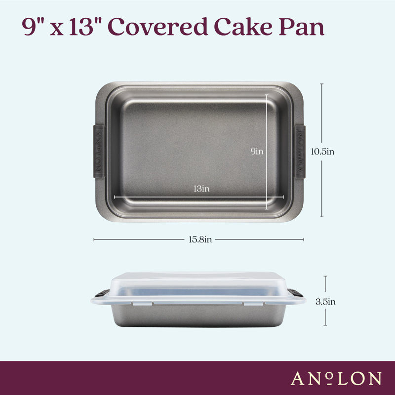 Gray Nonstick Rectangular Cake Pan with Silicone Grips and Lid
