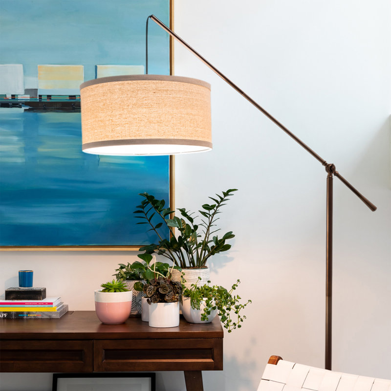 Adjustable Arc LED Floor Lamp for Kids' Room in Bronze with Beige Shade