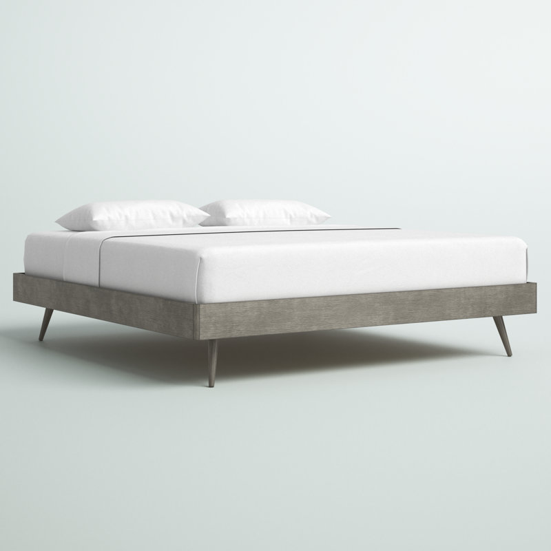 Mid-Century Modern King Platform Bed with Wood Slats in Gray