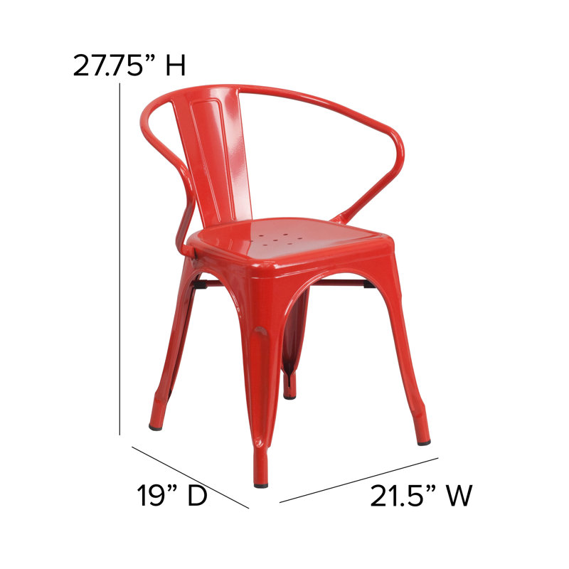 Vibrant Red Steel Slat-Back Indoor-Outdoor Dining Chair with Arms