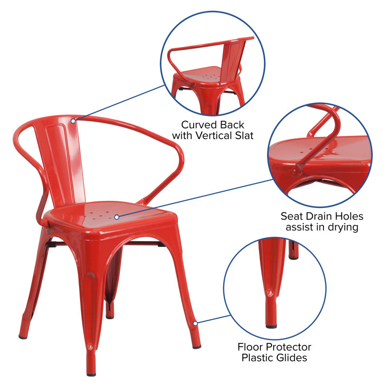 Vibrant Red Steel Slat-Back Indoor-Outdoor Dining Chair with Arms