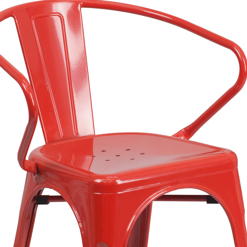 Vibrant Red Steel Slat-Back Indoor-Outdoor Dining Chair with Arms