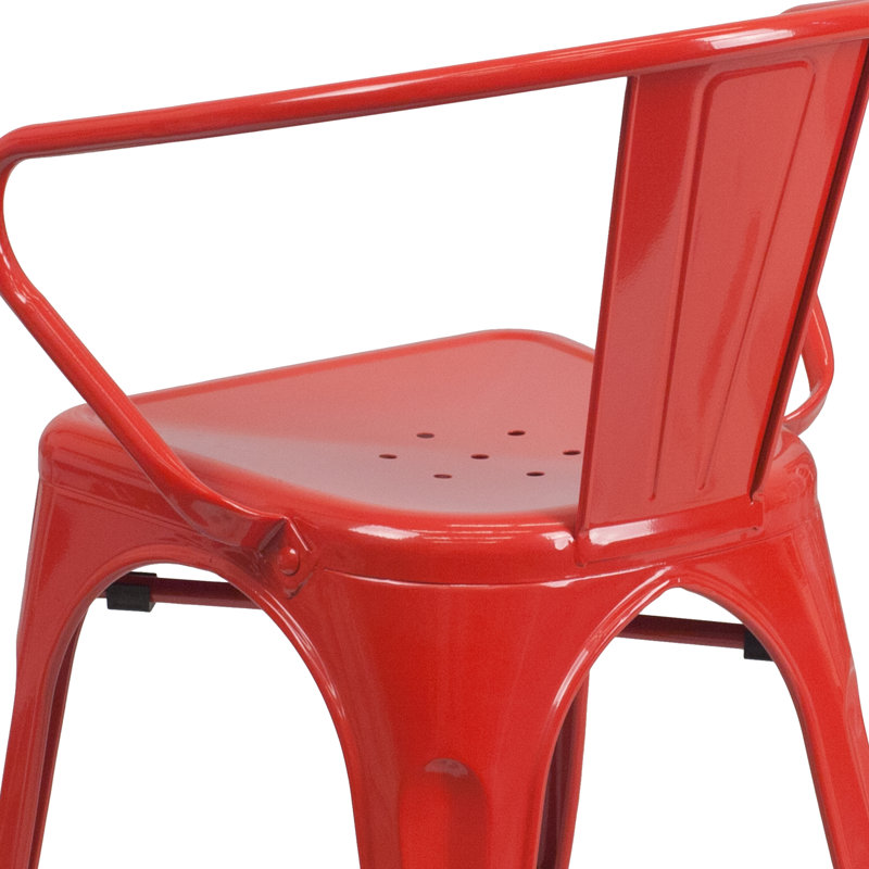 Vibrant Red Steel Slat-Back Indoor-Outdoor Dining Chair with Arms