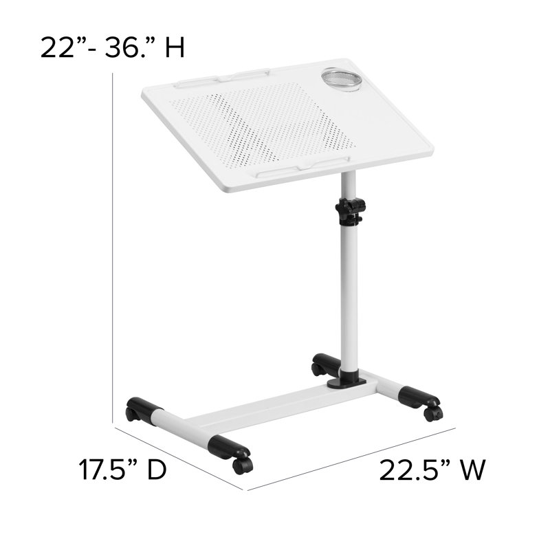 SwivelTop White Adjustable Steel Mobile Desk with Cup Holder