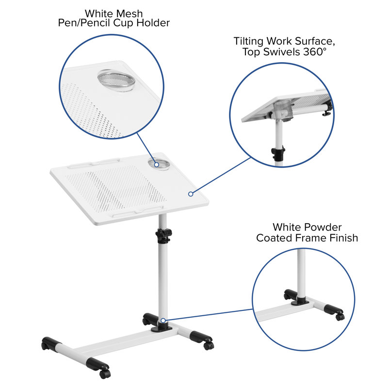 SwivelTop White Adjustable Steel Mobile Desk with Cup Holder