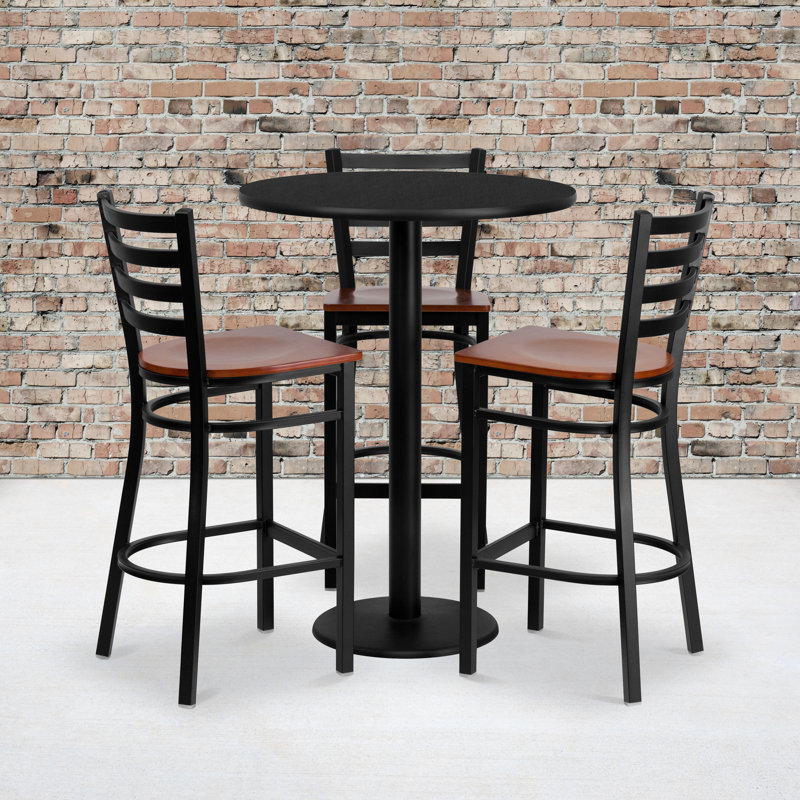 Elegant 42" Black Laminate Pub Table Set with 4 Cherry Wood Metal Barstools