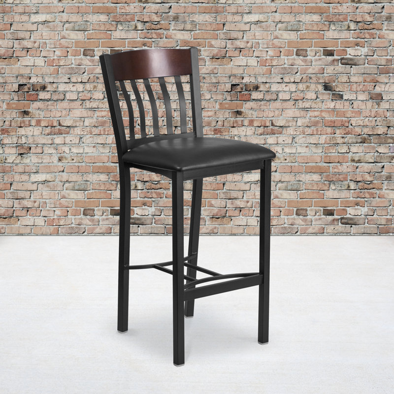 Eclipse 42.75'' Adjustable Walnut Wood and Metal Barstool with Black Vinyl Seat