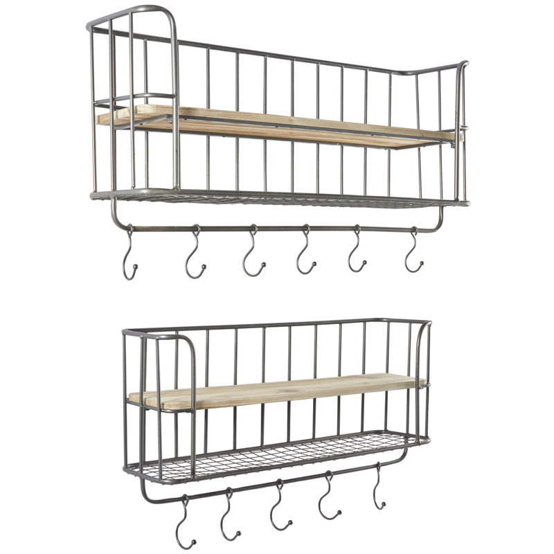 Gray Iron and Wood Wall Shelf with Hooks, Set of 2