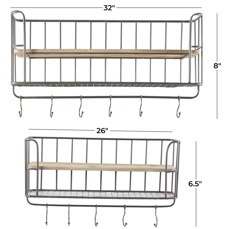 Gray Iron and Wood Wall Shelf with Hooks, Set of 2