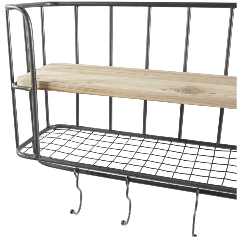 Gray Iron and Wood Wall Shelf with Hooks, Set of 2