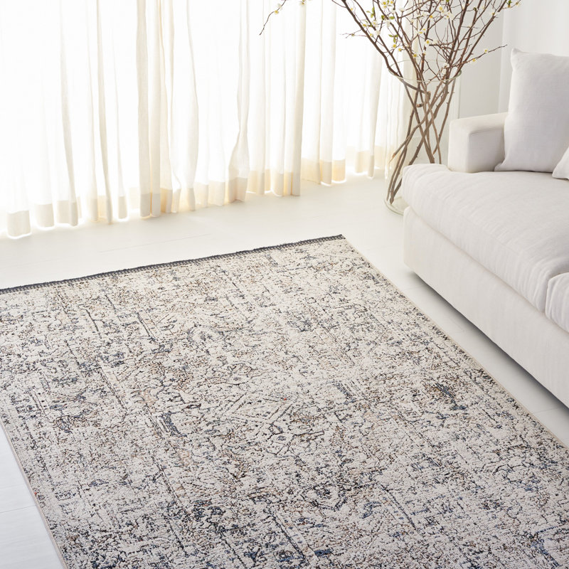 Ivory and Navy Hand-Knotted Wool Area Rug