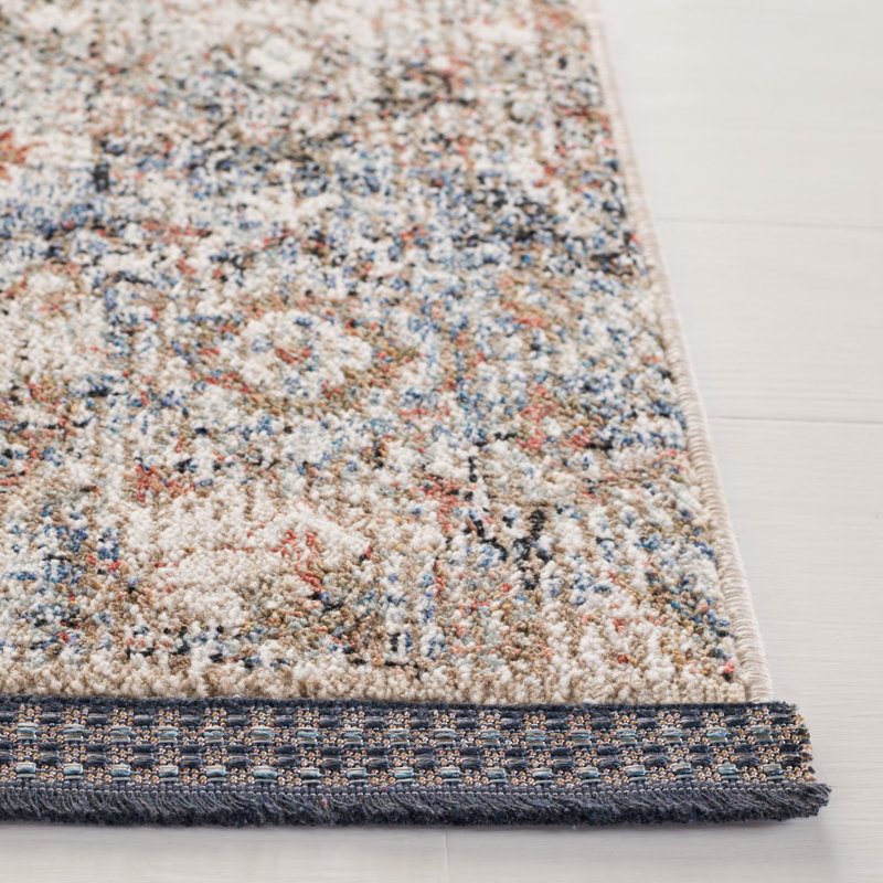 Ivory and Navy Hand-Knotted Wool Rectangular Rug