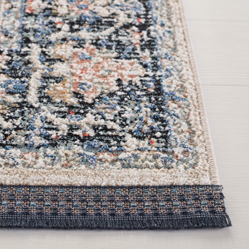 Ivory and Navy Hand-Knotted Wool Area Rug 4' x 6'