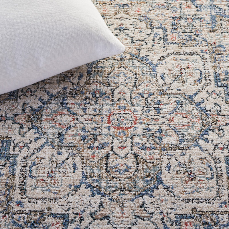 Ivory and Navy Hand-Knotted Wool Area Rug 4' x 6'