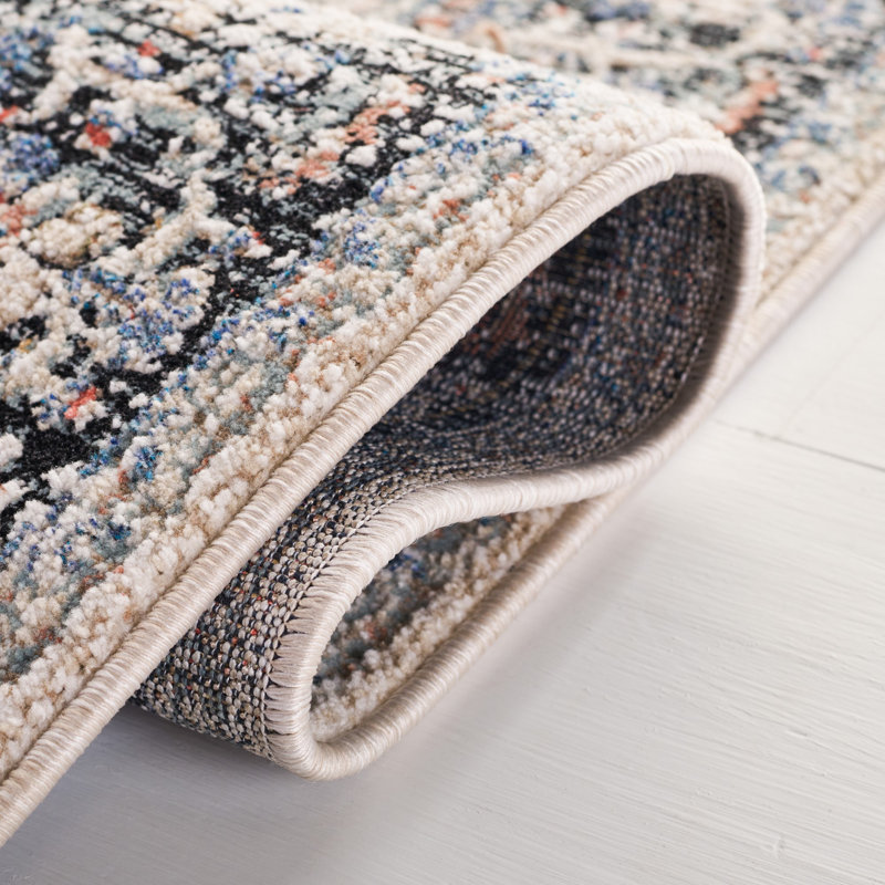 Ivory and Navy Hand-Knotted Wool Area Rug 4' x 6'