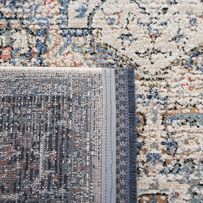 Ivory and Navy Hand-Knotted Wool Area Rug 4' x 6'