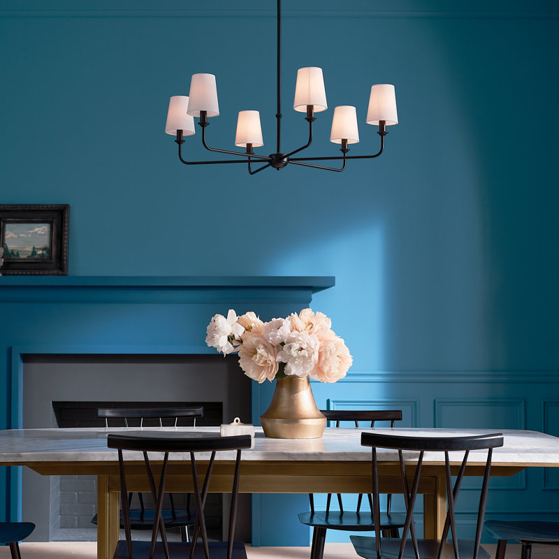 Black Steel 6-Light Chandelier with Fabric Shades