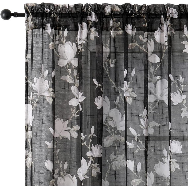 White Floral Polyester Semi-Sheer Curtain Panels, 52" x 63"