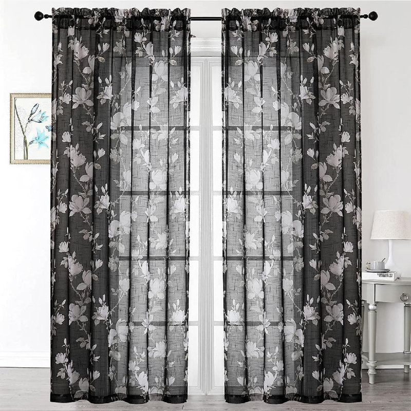 White Floral Polyester Semi-Sheer Curtain Panels, 52" x 63"