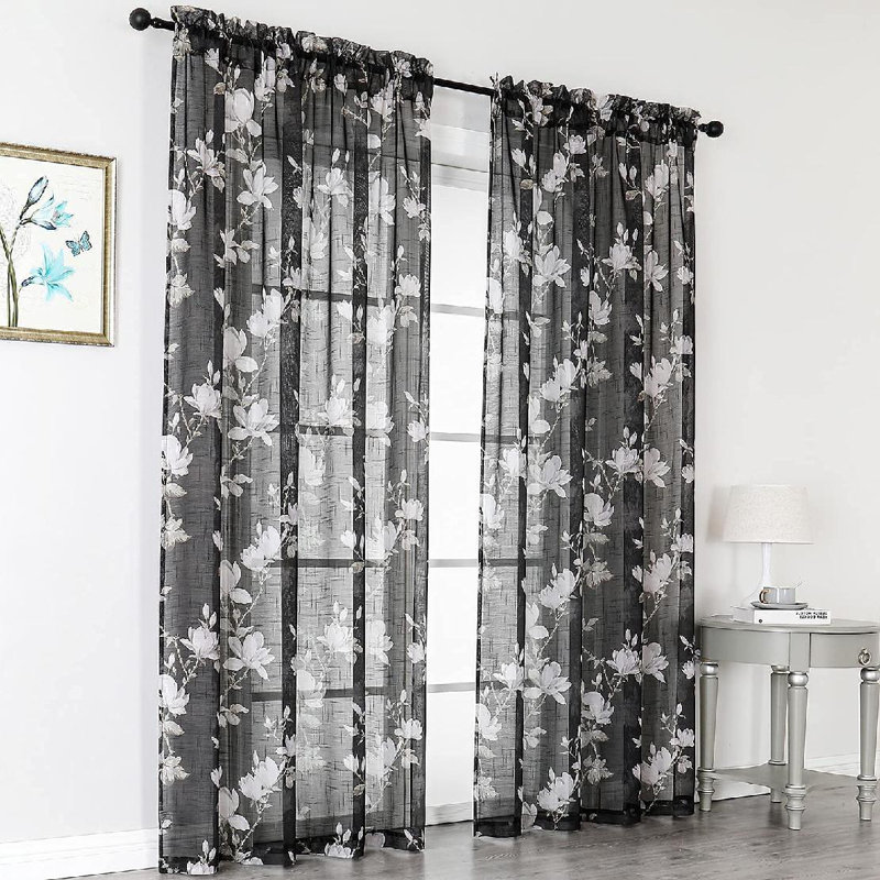 White Floral Polyester Semi-Sheer Curtain Panels, 52" x 63"